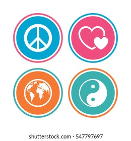 World globe icon. Ying yang sign. Hearts love sign. Peace hope. Harmony and balance symbol. Colored circle buttons. Vector