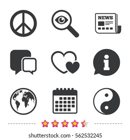 World globe icon. Ying yang sign. Hearts love sign. Peace hope. Harmony and balance symbol. Newspaper, information and calendar icons. Investigate magnifier, chat symbol. Vector