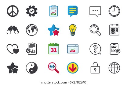 World globe icon. Ying yang sign. Hearts love sign. Peace hope. Harmony and balance symbol. Chat, Report and Calendar signs. Stars, Statistics and Download icons. Question, Clock and Globe. Vector