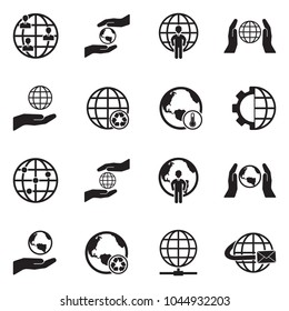 World Globe Icons. Black Flat Design. Vector Illustration. 