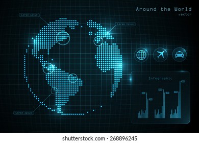 World globe with icons and diagrams. Vector travel infographic