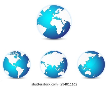 World globe icons set, with different continents in focus. Isolated on white.