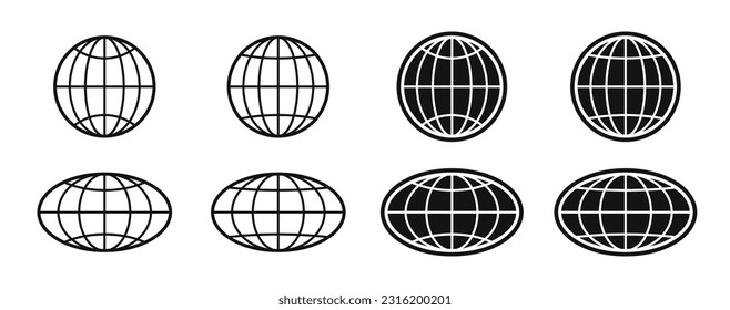 Los iconos del mundo están configurados. Señal del globo terrestre. Símbolo de planeta redondo y aplanado. Elementos gráficos. Vector.