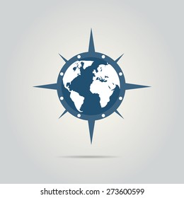 World globe illustration with compass. Vector Illustration