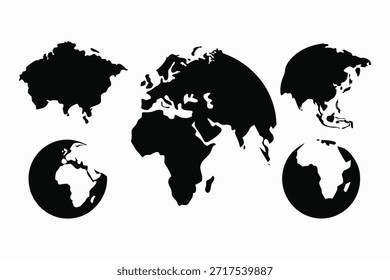 Conjunto de Vectores de ilustración de globo mundial que muestra los cinco continentes Europa América Australia Asia África en estilo de silueta negra, perfecto para mapas, educación, infografías, marca y uso de diseño.