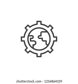 World globe inside gear outline icon. linear style sign for mobile concept and web design. Global settings simple line vector icon. Symbol, logo illustration. Pixel perfect vector graphics