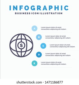 World, Globe, Internet, Dollar Line icon with 5 steps presentation infographics Background. Vector Icon Template background