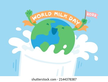 Weltkugel springt in Milchglas und Flagge, Weltmilchtag 2022 Concept Cartoon flache Design-Illustration einzeln auf blauem Hintergrund mit Kopienraum, Vektoreps10
