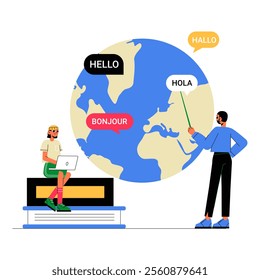 World Globe With Language Speech Bubbles In Flat Vector Illustration Symbolizing Global Communication, Multilingual Learning, And Language Education, Isolated On White Background.