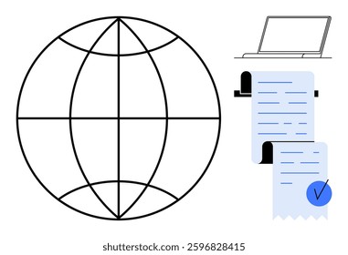 World globe, laptop, and document with a checkmark in simple abstract style. Ideal for global communication, technology, digital transactions, online documentation, and networking themes