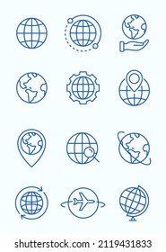 World Globe Line Icon. Vector Earth Global Country Map Planet Symbol. Travel-Internet-Globus-Set