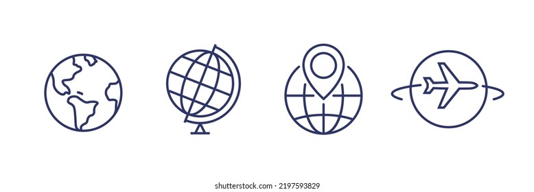 World globe line icon. Vector Earth global country map planet line icon. Travel internet globe set