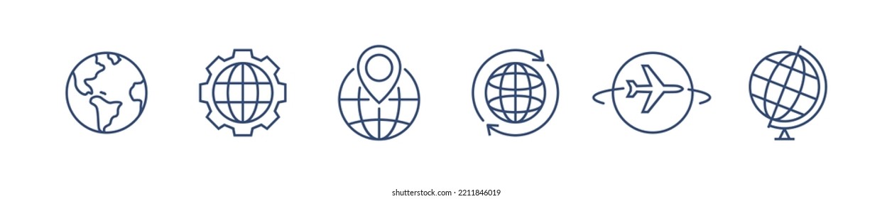 Icono de la línea mundial del globo. Icono de la línea del planeta del mapa del país mundial del vector Earth. Juego de globos de Internet de viajes