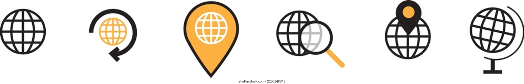 World globe line icon. Vector Earth global country map planet line icon. Travel internet globe set