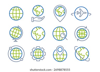 Icono de la línea del globo terráqueo. Icono de la línea del Vector del mapa mundial del país. Conjunto de globo de Internet de viaje.