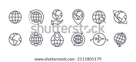 World globe line icon. Vector Earth global country map planet line icon. Travel internet globe set