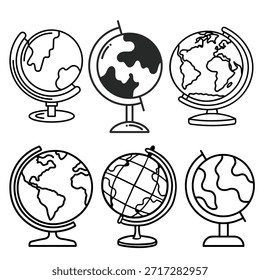 Ícones da linha do globo mundial representando comunicação global e geografia. Símbolos internacionais limpos adequados para educação, viagens e conceitos de negócios.