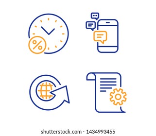 World globe, Loan percent and Communication icons simple set. Technical documentation sign. Around the world, Discount, Smartphone messages. Manual. Technology set. Linear world globe icon. Vector