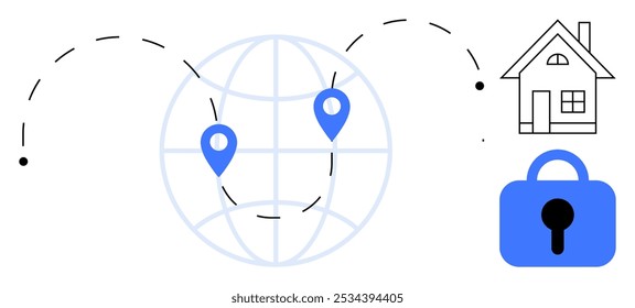 Globo mundial com marcadores de localização, ícone de casa e símbolo de bloqueio usando linhas limpas e realces azuis. Ideal para segurança, navegação, proteção doméstica, segurança na Internet e conectividade global