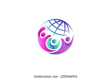 world or globe logo with people community or family, teamwork icon, world peace, charity care