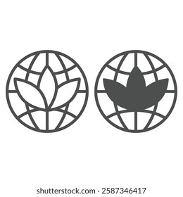 World globe with lotus leaves line and solid icon, peace concept. Vector graphics. Flower plant and planet sign on white background, outline style icon for mobile or web design