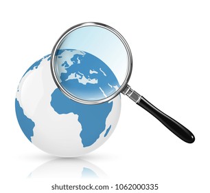 world globe and a magnifying glass