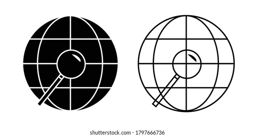 World globe with magnifying glass vector isolated illustration, black and white version