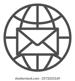 World globe with mail envelope line icon, postage delivery concept. Vector graphics. Planet with letter sign on white background, outline style icon for mobile or web design