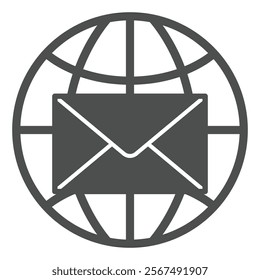World globe with mail envelope solid icon, postage delivery concept. Vector graphics. Planet with letter sign on white background, glyph style icon for mobile or web design