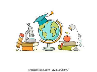 World globe map, books, lamp, microscope. Concept of travel, study geography or ecology care. Vector hand drawn illustration abot school, books and planet Earth globe