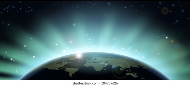 World globe map eclipsing the sun directly behind it.