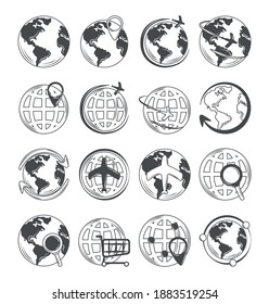 world globe map icons set travel connection shopping and location vector illustration