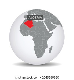 World globe map with the identication of Algeria. Map of Algeria. Algeria on grey political 3D globe. Africa map. Vector stock.