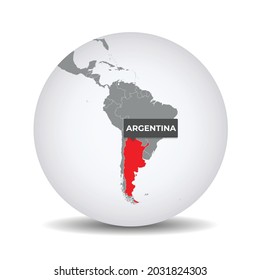 World globe map with the identication of Argentina. Map of Argentina. Argentina on grey political 3D globe. South america map. Vector stock.