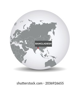 World globe map with the identication of Bangladesh. Map of Bangladesh. Bangladesh on grey political 3D globe. Asia map. Vector stock.