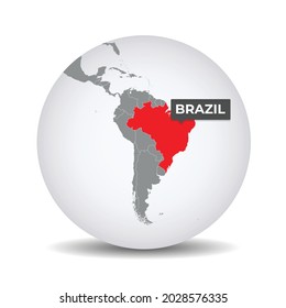 World globe map with the identication of Brazil. Map of Brazil. Brazil on grey political 3D globe. South america map. Vector stock.