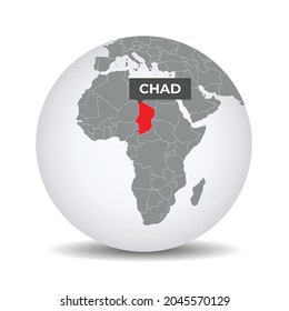 World globe map with the identication of Chad. Map of Chad. Chad on grey political 3D globe. Africa map. Vector stock.