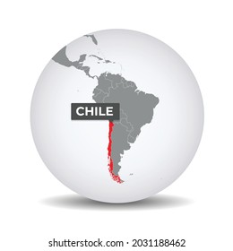 World globe map with the identication of Chile. Map of Chile. Chile on grey political 3D globe. South america map. Vector stock.