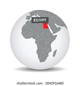 World globe map with the identication of Egypt. Map of Egypt. Egypt on grey political 3D globe. Africa map. Vector stock.