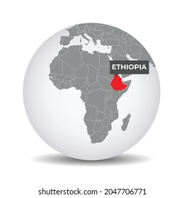 World globe map with the identication of Ethiopia. Map of Ethiopia. Ethiopia on grey political 3D globe. Africa map. Vector stock.