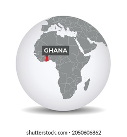 World globe map with the identication of Ghana. Map of Ghana. Ghana on grey political 3D globe. Africa map. Vector stock.