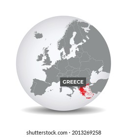 Mapa mundial del mundo con la autenticación de Grecia. Mapa de Grecia. Grecia en el gris mundo político 3D. Países europeos. Material vectorial.