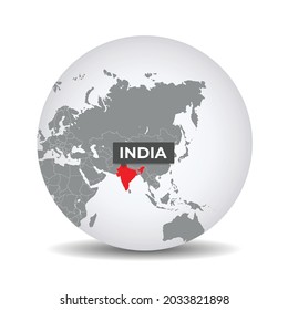 World globe map with the identication of India. Map of India. India on grey political 3D globe. Asia map. Vector stock.