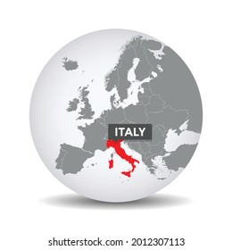 World globe map with the identication of Italy. Map of Italy. Italy on grey political 3D globe. Europe countries. Vector stock.