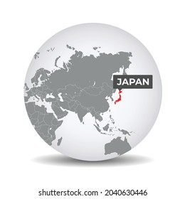 World globe map with the identication of Japan. Map of Japan. Japan on grey political 3D globe. Asia map. Vector stock.