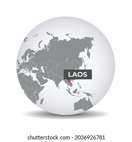 World globe map with the identication of Laos. Map of Laos. Laos on grey political 3D globe. Asia map. Vector stock.
