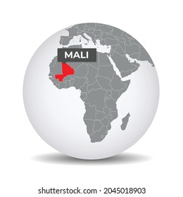 World globe map with the identication of Mali. Map of Mali. Mali on grey political 3D globe. Africa map. Vector stock.