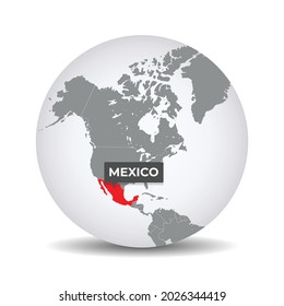 World globe map with the identication of Mexico. Map of Mexico. Mexico on grey political 3D globe. North and central america map. Vector stock.