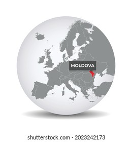 Mapa mundial del mundo con la autenticación de Moldavia. Mapa de Moldavia. Moldavia en el gris mundo político 3D. Países europeos. Material vectorial.