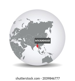 Mapa del mundo con la autenticación de Myanmar. Mapa de Myanmar. Birmania en el gris mundo político 3D. Mapa de Asia. Material vectorial.